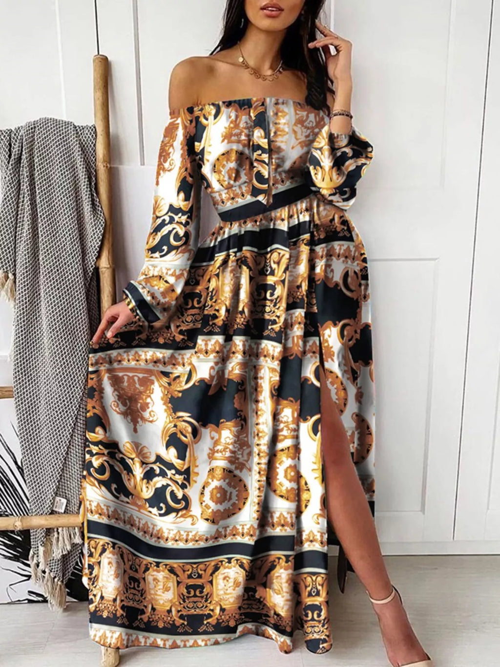 Printed off-shoulder maxi dress by Shopimist featuring a slit, lightweight fabric, and vibrant floral print, perfect for summer wear.