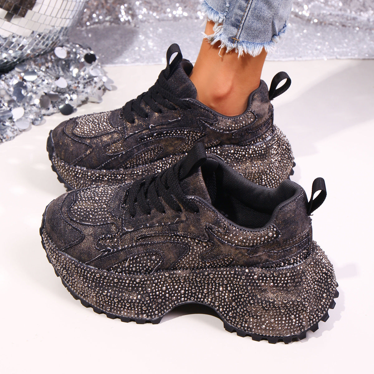 Rhinestone lace-up sandal by Plush Fashion Hub featuring sparkling rhinestones and stylish design on a trendy sandal.