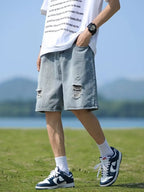 Men's full-size casual loose fit ripped denim shorts by Simply Love, showing distressed details and relaxed fit design.