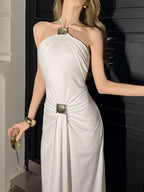 Backless Ruched Halter Neck Maxi Dress