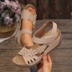 Floral embellished wedge sandals by Shopimist featuring colorful flower details and tan cork heels.