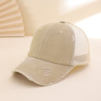 Distressed washed mesh baseball cap with frayed edges, unisex outdoor and daily wear hat by Plush Fashion Hub.