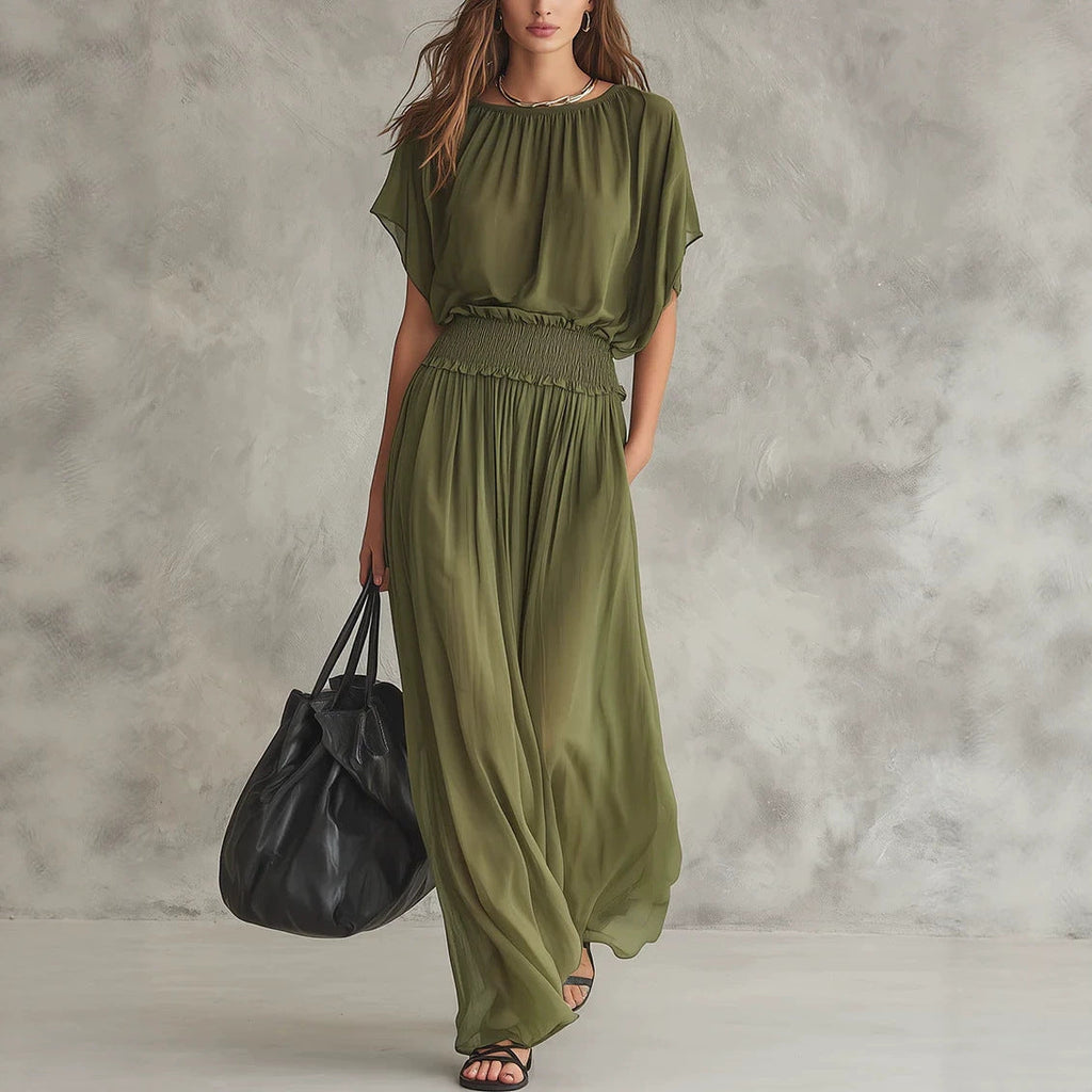 Women's chiffon high-waist ruched maxi dress by FitiqueFit, flowing fabric with gathered waist and elegant design.