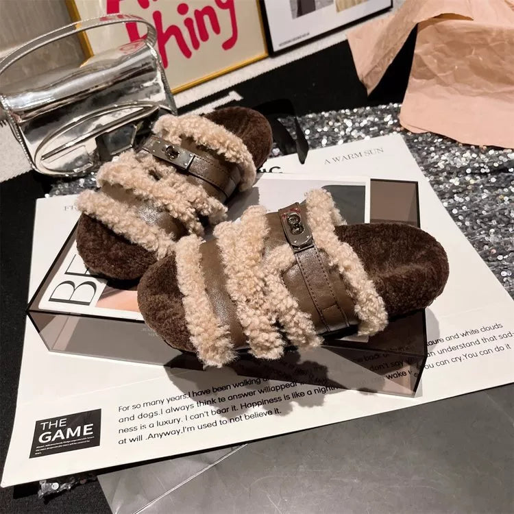Fuzzy buckle accent plush slippers by Simply Love featuring soft, cozy material and stylish design for comfortable indoor wear.