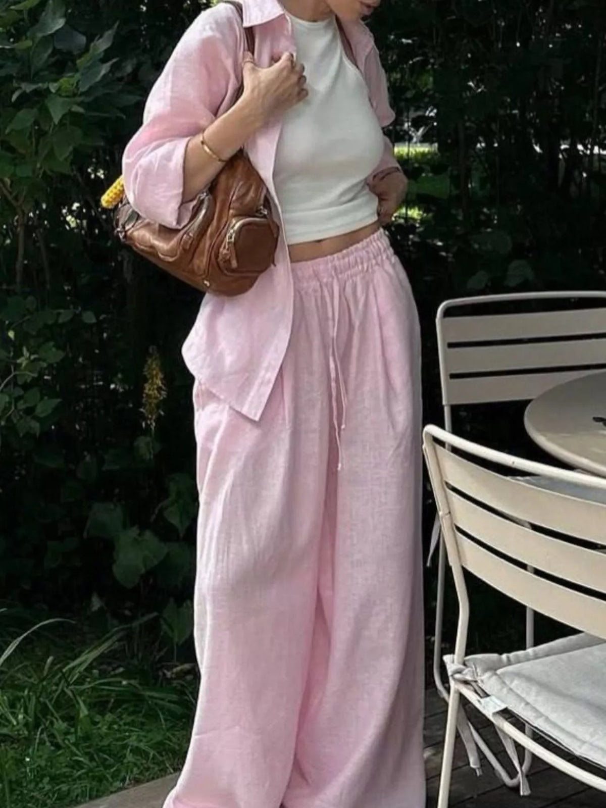 Plush Fashion Hub loungewear set with button-up shirt and drawstring pants in soft, comfortable fabric, shown in the image.