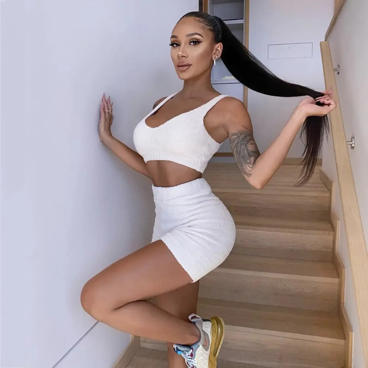 3pcs Womens Clothing Long Sleeve Crop Tank Top And Drawstring Shorts Pajama Set - Plush Fashion Hub