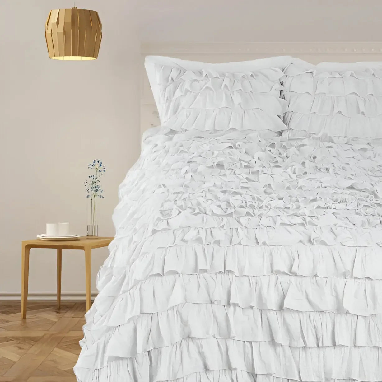 400TC Sateen Solid Cotton Waterfall Ruffle Duvet Cover Set - Plush Fashion Hub