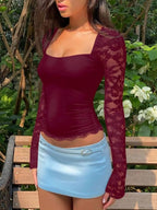Sheer lace sleeve square neck t-shirt from Shopimist, featuring a stylish design with lace details and a modern square neckline.