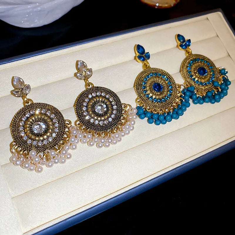 Rhinestone alloy bead dangle earrings with sparkling stones and delicate metal hooks, stylish jewelry by Shopimist
