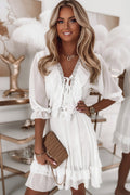 Women’s V neck spliced chiffon casual dress by FitiqueFit, featuring a loose fit and stylish design for comfortable everyday wear.