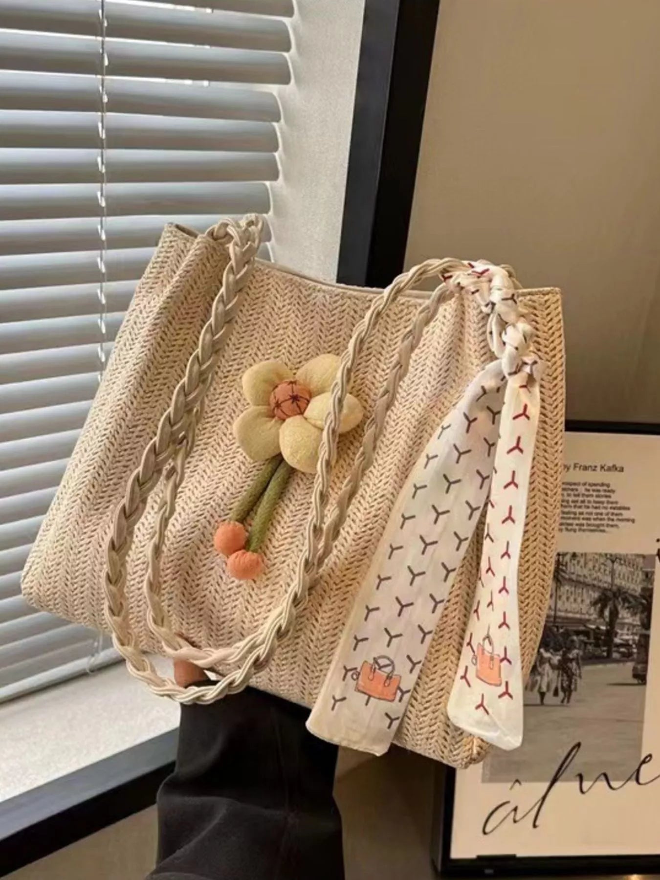Woven straw tote bag with floral decor, stylish bag for casual outings, by Plush Fashion Hub