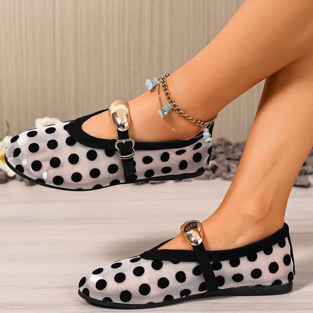 Women's polka dot mesh slip-on flats by Trendsi, lightweight casual walking shoes with breathable mesh and a comfortable fit.