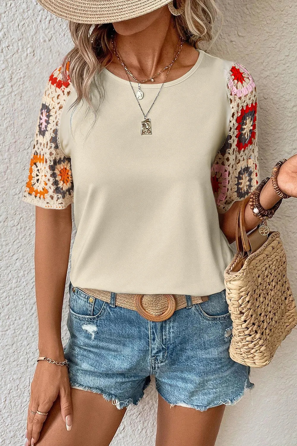 Plush Fashion Hub geometric print round neck short sleeve blouse, stylish tops with bold pattern and comfortable fit.