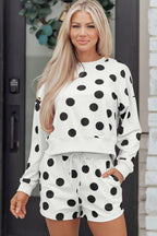 Threaded Pear Marley shoulder pullover and drawstring shorts set, casual loungewear with relaxed fit and stylish design.