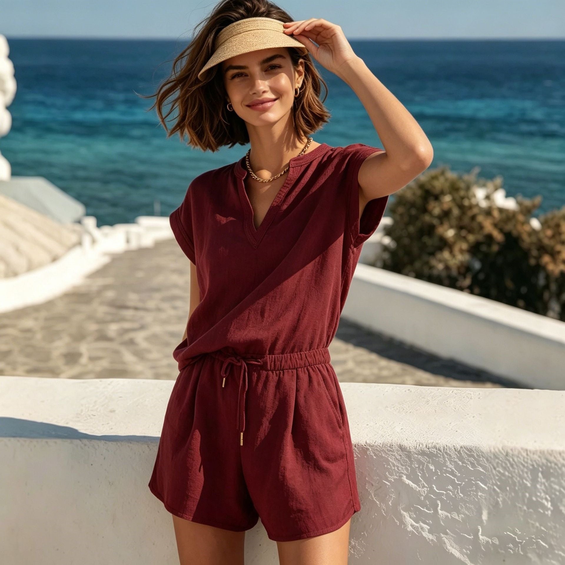 Women's casual linen two-piece set with short sleeve top and shorts by Plush Fashion Hub, perfect for relaxed summer wear.