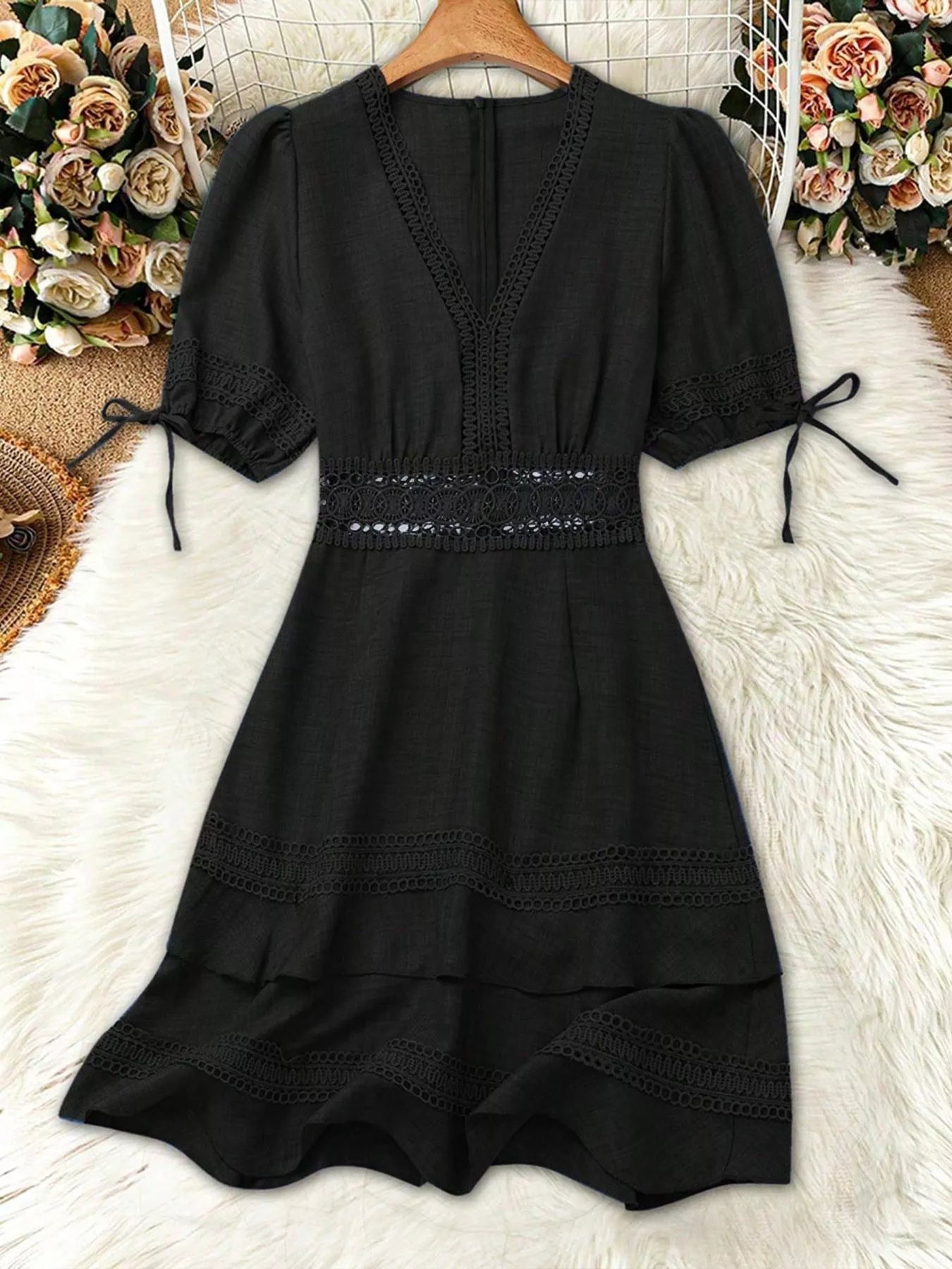 Lace detail v-neck mini dress from Shopimist featuring delicate lace accents and a flattering V-neck design.