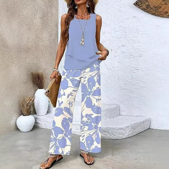 Women's 3D print two-piece vest and pants set by FitiqueFit featuring vibrant print designs, tailored for sizes S to 5XL.
