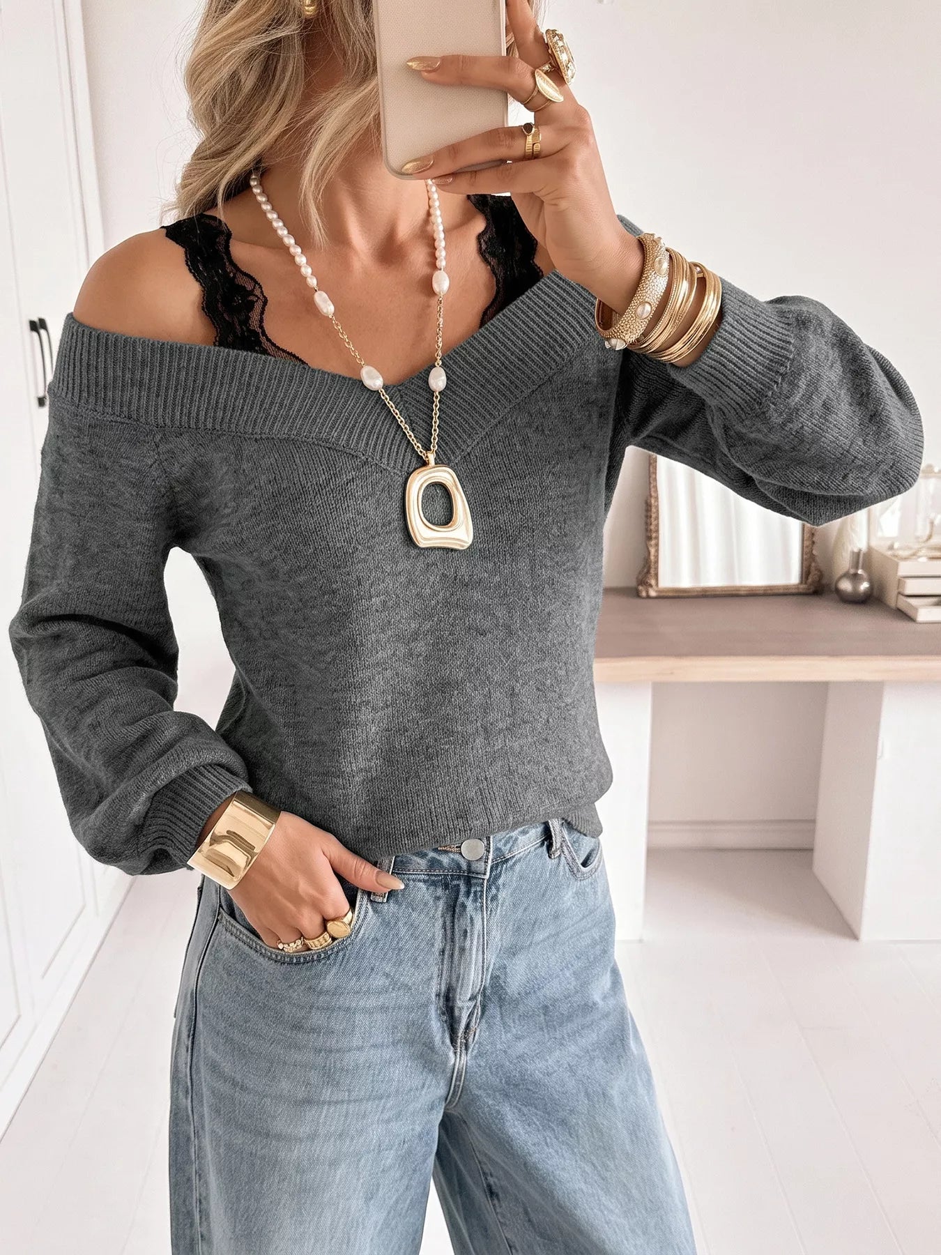 Off-shoulder lace trim sweater by Plush Fashion Hub featuring a cozy knit design and elegant lace accents on the shoulders.