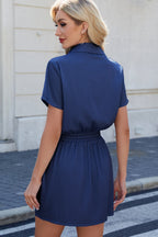 VYSN denim dress with drawstring collar, short sleeves, and casual style, perfect for everyday fashion.