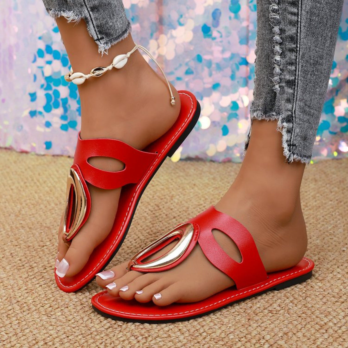 Women's open toe low heel sandals with golden accent detail, stylish Trendsi shoe featuring a comfortable heel and elegant design.