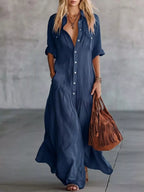 Plus size Plush Fashion Hub maxi dress with button-front, roll-up sleeves, and full-length design, stylish and comfortable for any occasion.