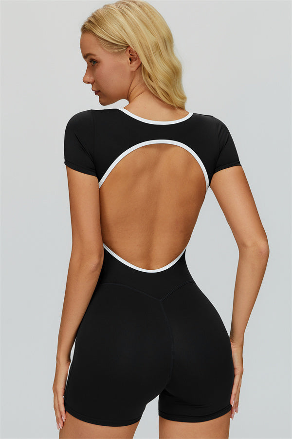 Fitglutes Activewear Whisper Romper jumpsuit in black, featuring a fitted design with sleeveless style and athletic fabric for workouts.