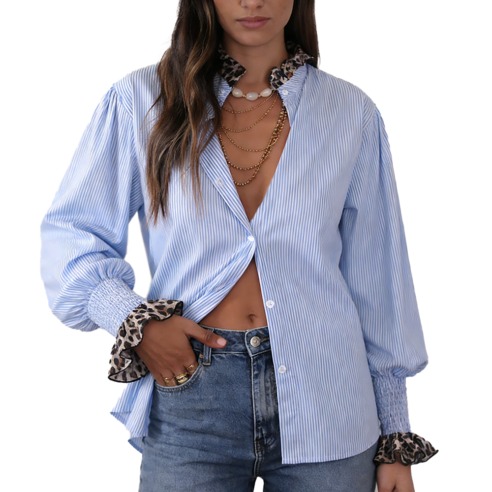 Blue and white striped blouse with leopard print collar and smocked balloon sleeves with ruffled cuffs.