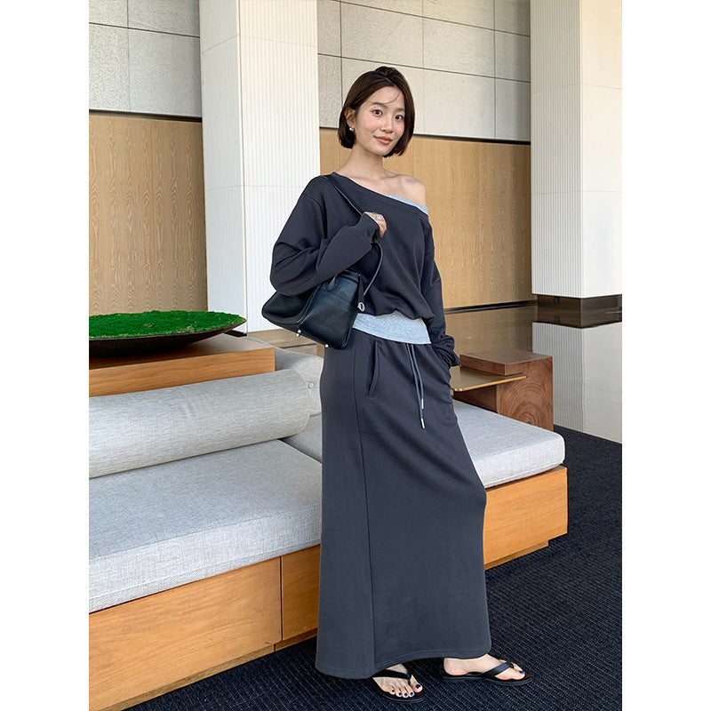 Asymmetrical shoulder hoodie and mini skirt co-ord set by Plush Fashion Hub, featuring a stylish, coordinated two-piece outfit.