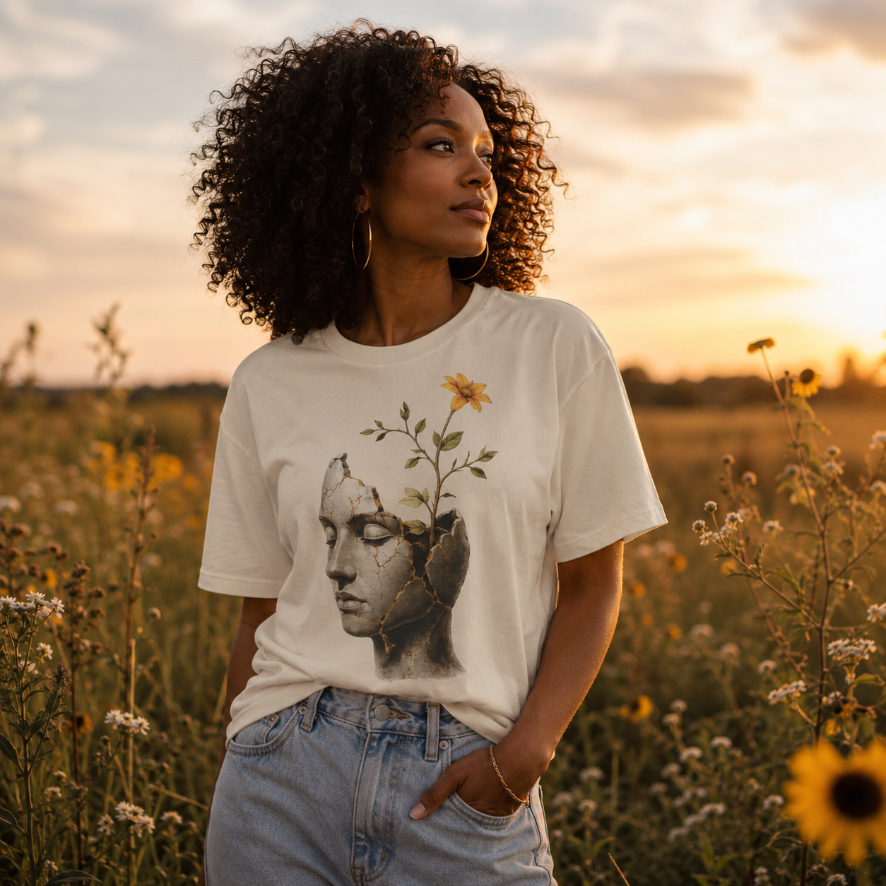 Wear Your Worship Still Becoming T-Shirt featuring cracked sculpture and flower growth design on soft fabric.