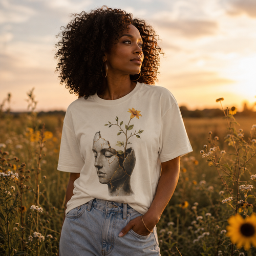 Wear Your Worship Still Becoming T-Shirt featuring cracked sculpture and flower growth design on soft fabric.