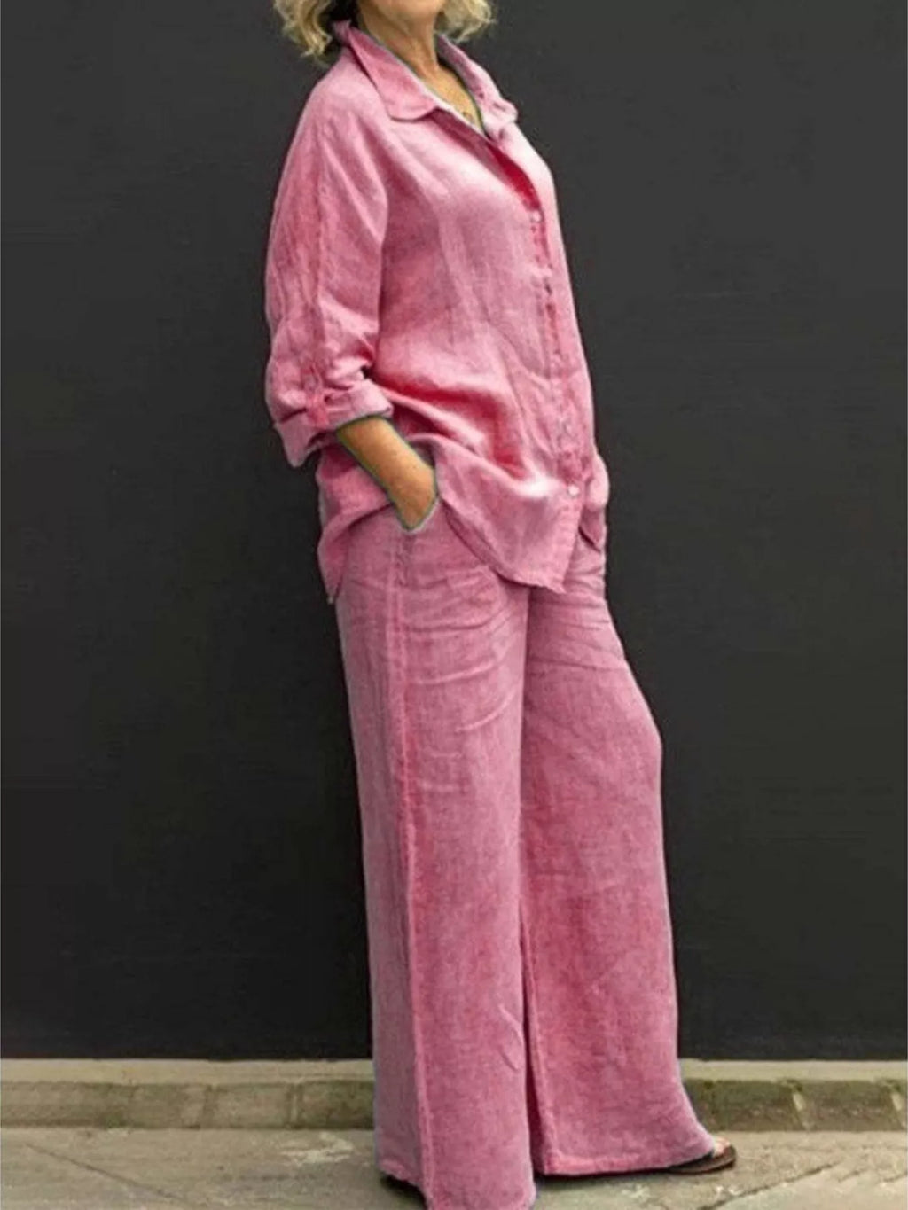 Plus size long sleeve shirt and pants set by Shopimist, comfortable full-size casual loungewear in a coordinated ensemble.