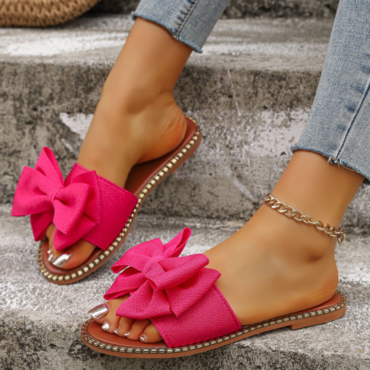 Shopimist bowknot embellished flat sandals with sleek straps and decorative bows, perfect for casual summer wear.