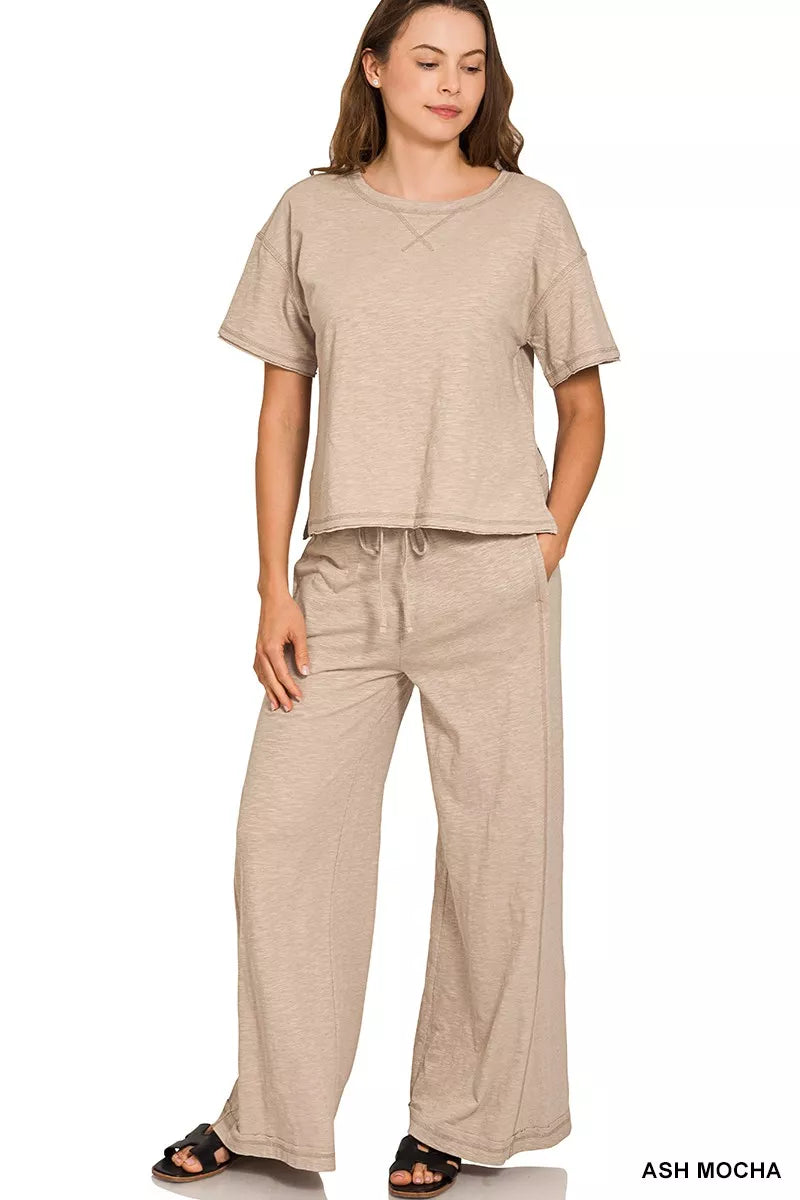 Women's cotton slub short sleeve tee and lounge pants set in soft, comfortable loungewear style by Trendsi.