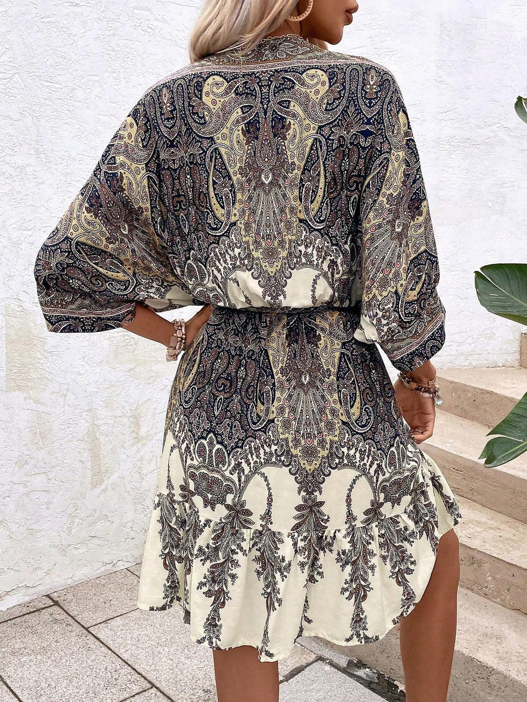 Paisley print batwing sleeve tassel tie front ruffle hem dress by FitiqueFit, casualwear with flowy silhouette and bohemian style.
