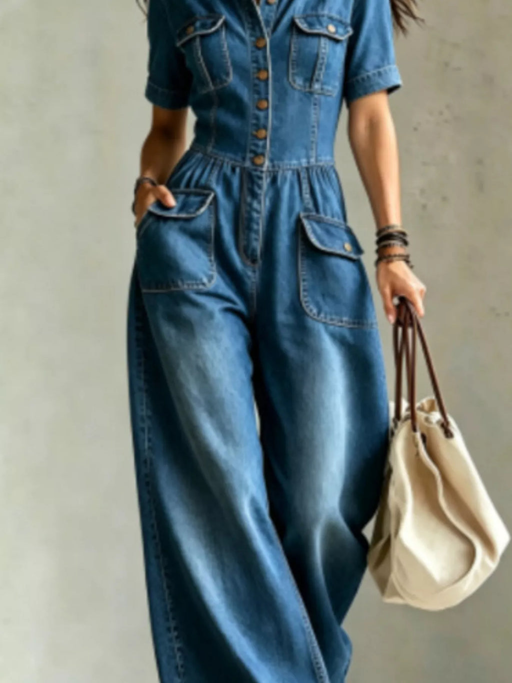 Plus size denim wide-leg jumpsuit with chest pockets, trendy full-size jumpsuit from Trendsi featuring comfortable fit and stylish design.
