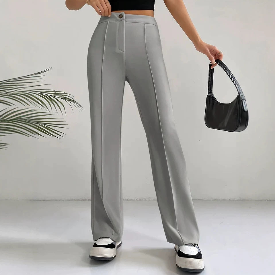 Women's high-waisted straight flare casual pants with stitching detail by FitiqueFit, featuring a comfortable fit and stylish design.