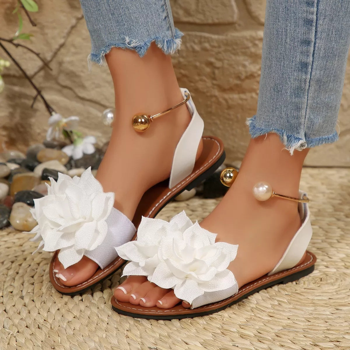 Shopimist floral decor flat sandals featuring colorful flower embellishments and comfortable flat sole for casual summer wear.