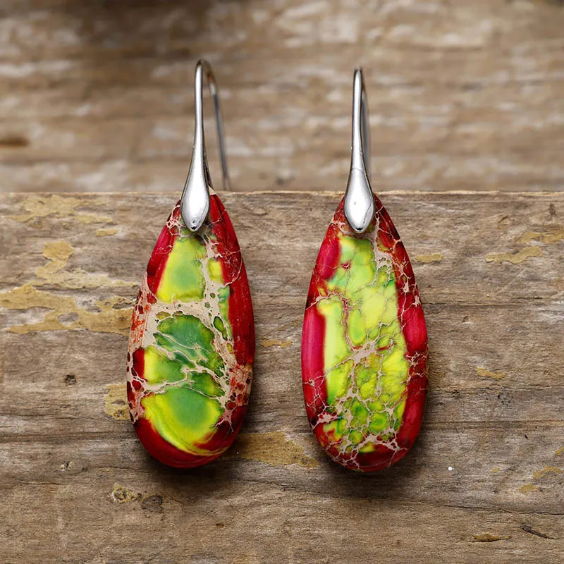 Teardrop-shaped natural stone dangle earrings in earthy tones, stylish jewelry from Shopimist for casual or formal wear.