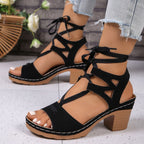 Women's trendy lace-up block heel sandals with strappy design and mid-height heel, stylish footwear by Trendsi