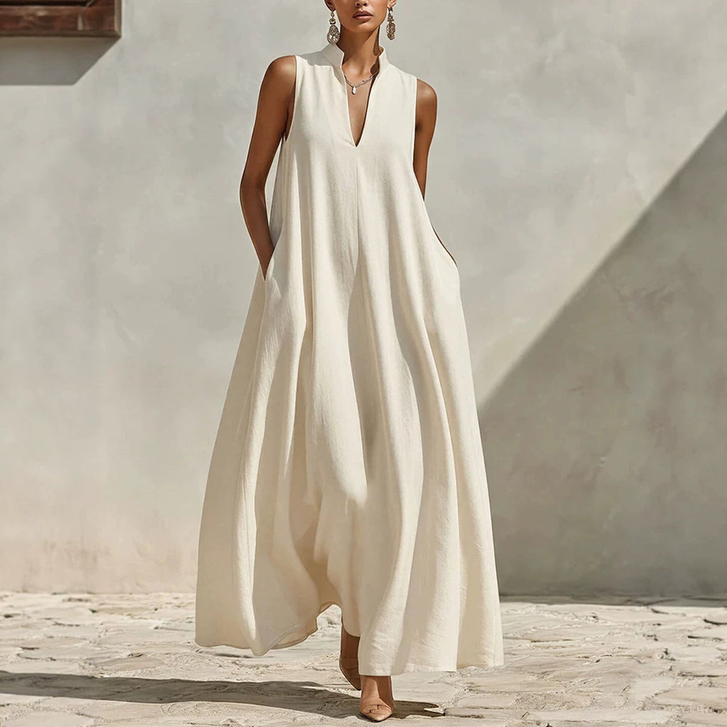 Linen blend sleeveless maxi dress with stand collar in five colors, from FitiqueFit, shown on a model.