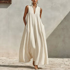 Linen blend sleeveless maxi dress with stand collar in five colors, from FitiqueFit, shown on a model.