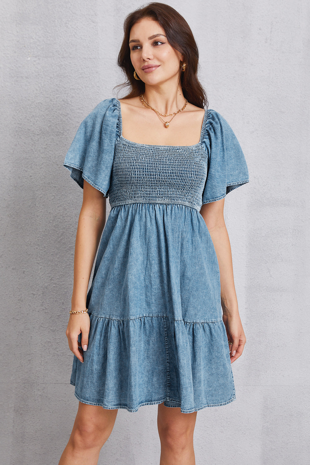 VYSN smocked square neck mini denim dress, sleeveless with fitted bodice and flared skirt, perfect for casual summer wear