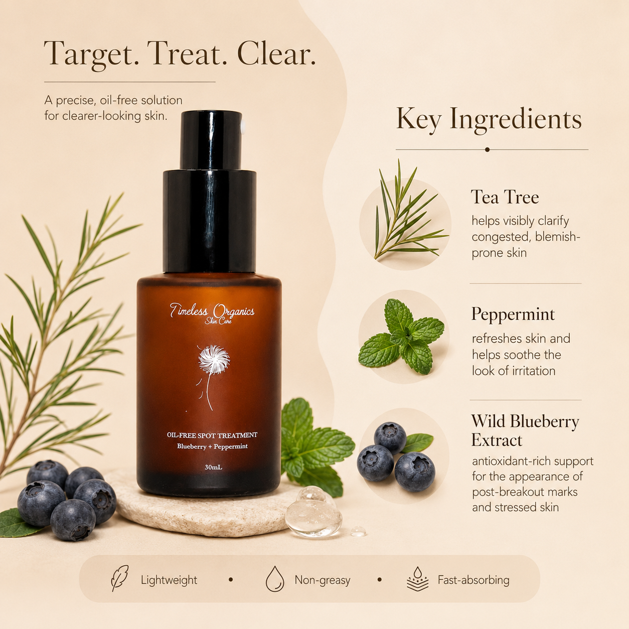 Timeless Organics Skin Care oil-free spot treatment serum in a clear bottle with a dropper for targeted acne treatment.
