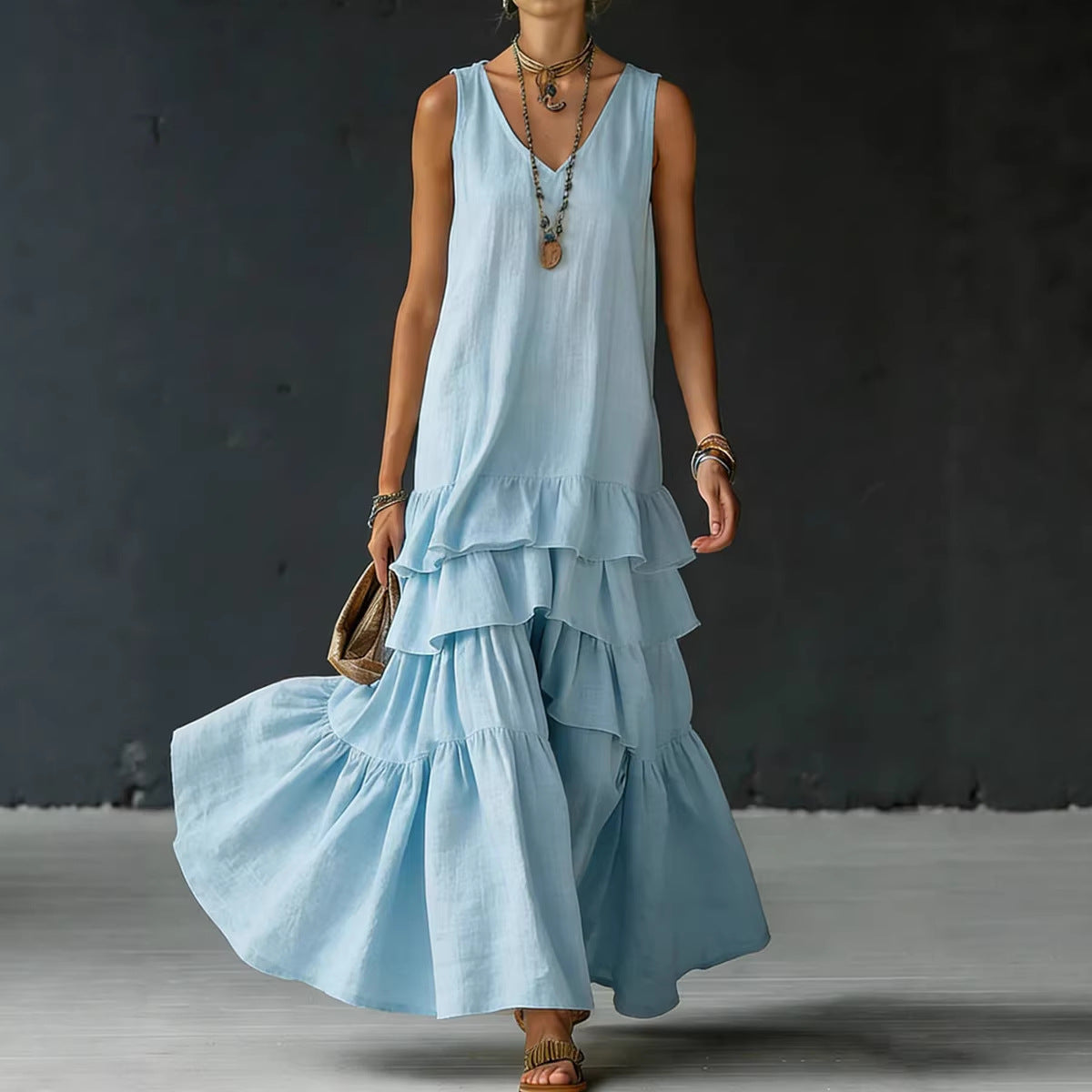 Women's Ice Silk Sleeveless Maxi Dress by FitiqueFit, loose fit, sleeveless design, available in six colors, size S to 5XL.