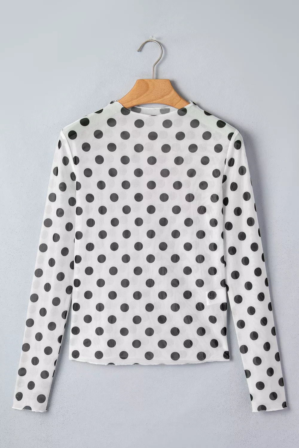 Polka dot mesh long sleeve sheath top with stand collar by Plush Fashion Hub, featuring a stylish and modern design.