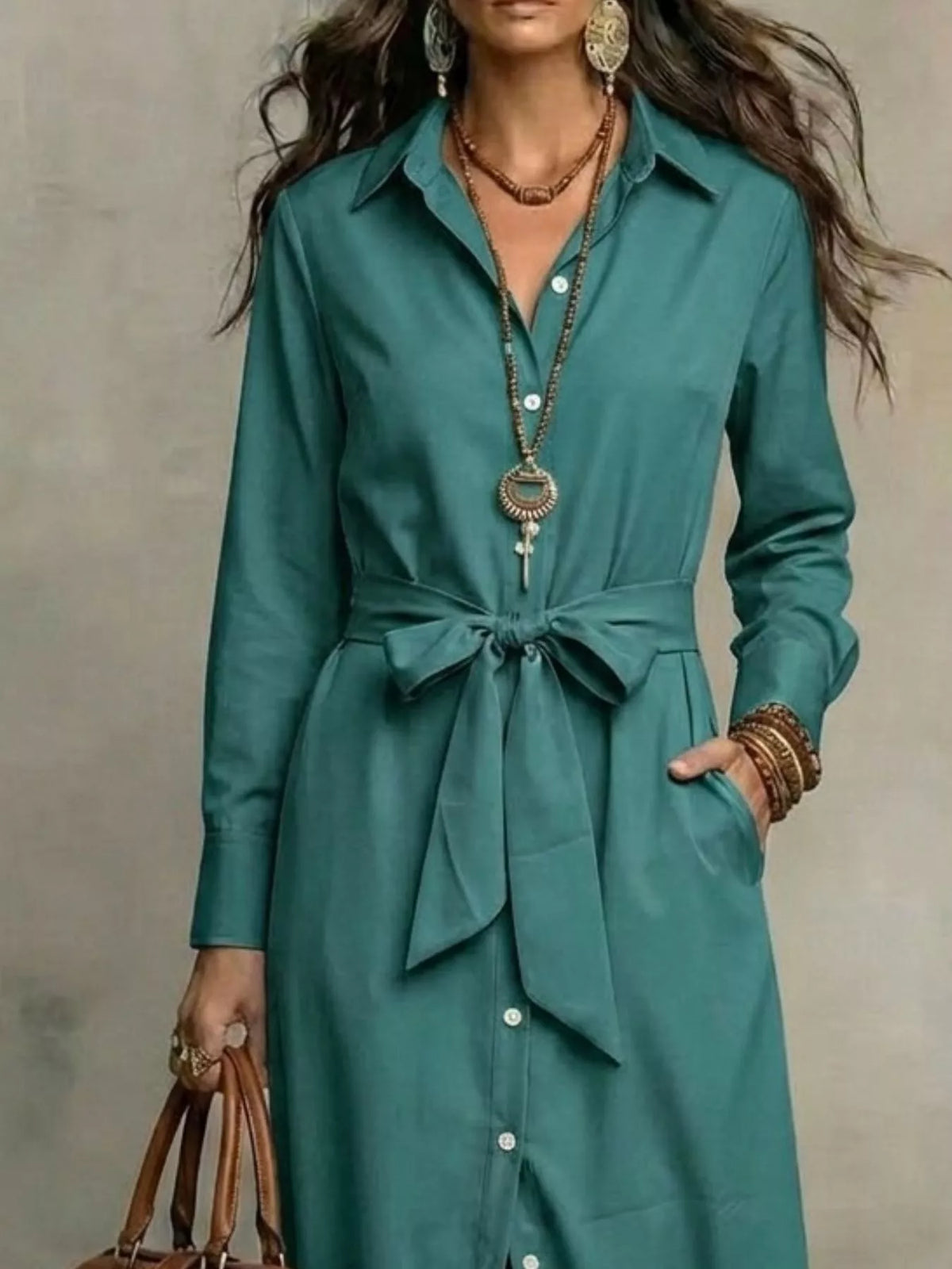 Plus size long sleeve tie waist shirt dress by Plush Fashion Hub, featuring a flattering fit and classic collar in full size.