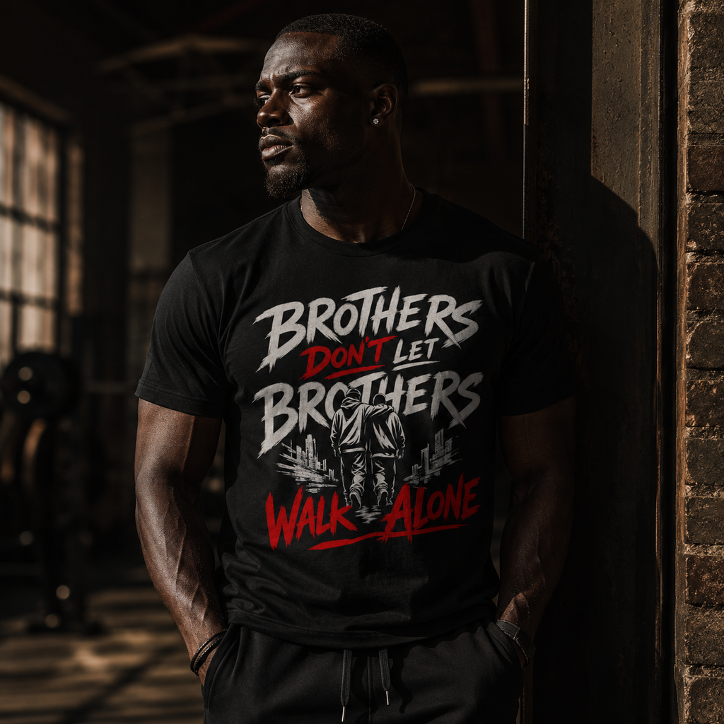Wear Your Worship Brothers Don't Let Brothers Walk Alone T-Shirt featuring bold black print on white cotton fabric.