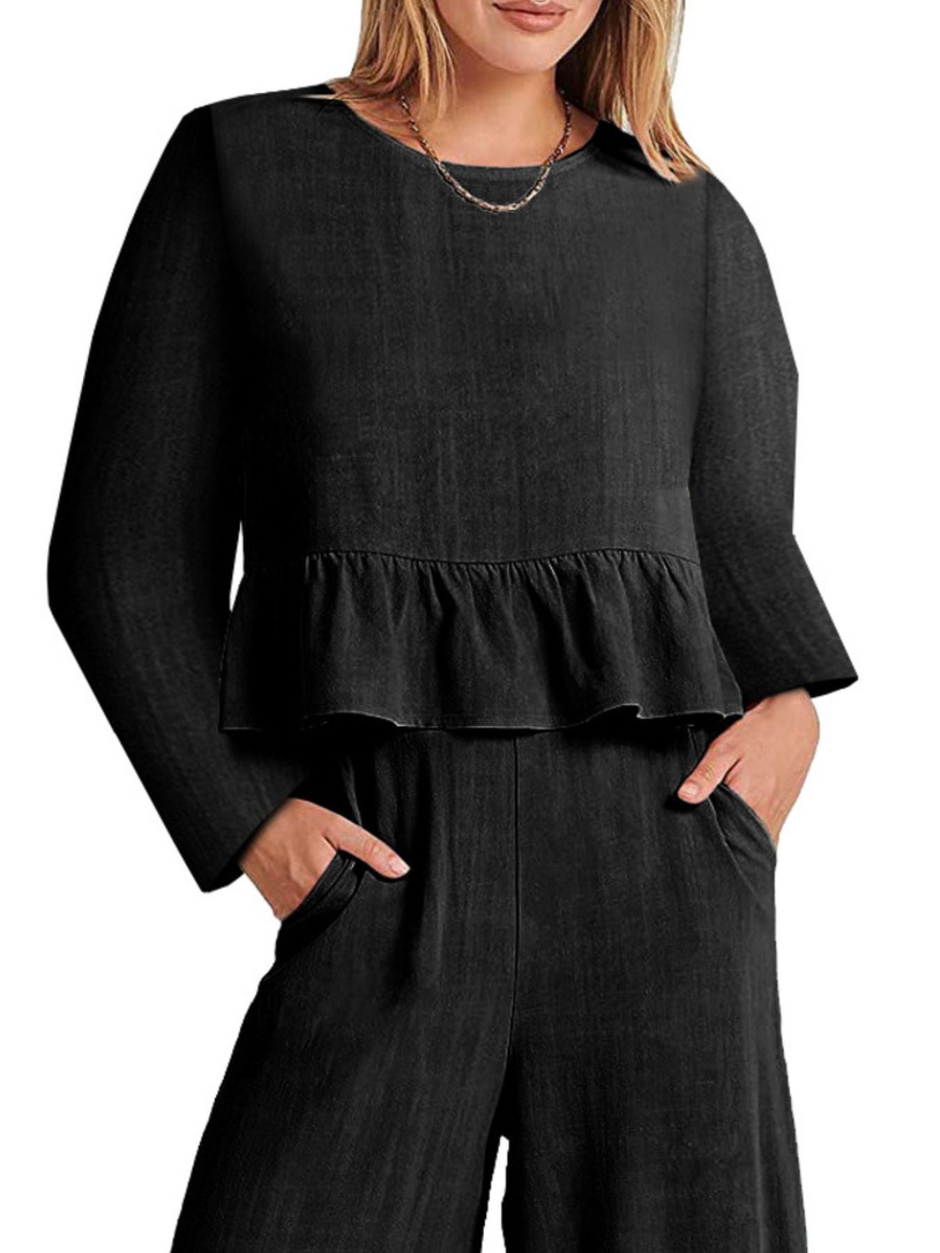 Women's ruffled hem long sleeve top and pants lounge set with pockets, stylish 2-piece set by Trendsi, shown in soft fabric.