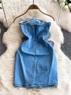 Strapless denim dress with floral applique details, featuring a fitted bodice and casual style, from Trendsi.