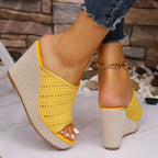 Women's mesh open toe wedge sandals with high heels and stylish design, featuring comfortable straps and trendy details.